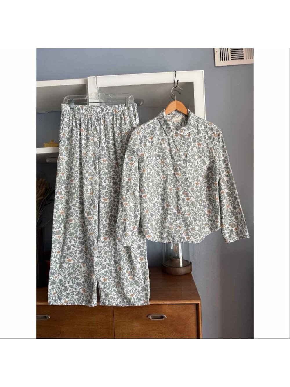Coyuchi Pajama Set Sz M White Floral Organic Cotton Top & Pants Sleepwear